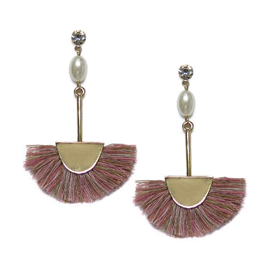 Stud and Pearl Pink Fan Tassel Drop Earrings