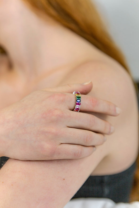 Square Cut Multi-colored Tourmaline Eternity Rings