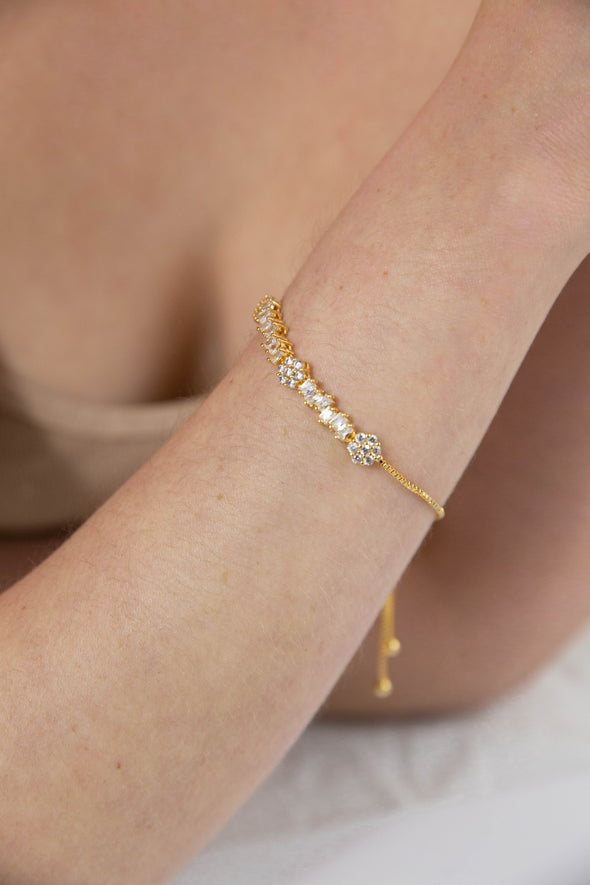 Flower Baguette Bracelet with Simulated Diamonds - 3 Colors